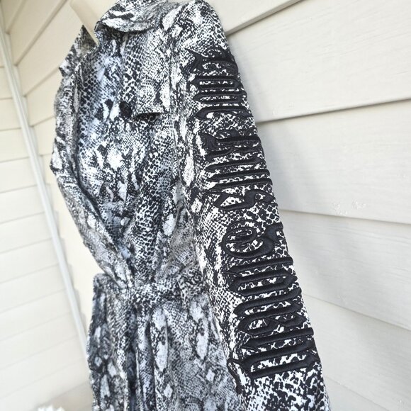 ED HARDY Black White Snake Print Belt Appliqued Rhinestones Trench Coat - Picture 6 of 13